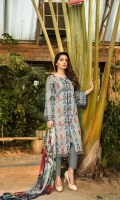 Unstitched Three Piece, Shirt Fabric:Embroidered Lawn  Includes:  Full Embroidered Lawn Front Embroidered Lawn Back Embroidered Lawn Sleeves Digital Printed Chiffon Dupatta Dyed Cotton Trouser