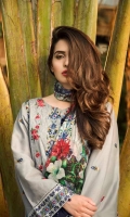 Unstitched Three Piece, Shirt Fabric:Embroidered Lawn  Includes:  Full Embroidered Lawn Front Embroidered Lawn Back Embroidered Lawn Sleeves Digital Printed Chiffon Dupatta Dyed Cotton Trouser