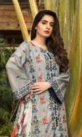 Unstitched Three Piece, Shirt Fabric:Embroidered Lawn  Includes:  Full Embroidered Lawn Front Embroidered Lawn Back Embroidered Lawn Sleeves Digital Printed Chiffon Dupatta Dyed Cotton Trouser