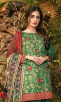 Unstitched Three Piece, Shirt Fabric:Embroidered Lawn  Includes:  Full Embroidered Lawn Front Embroidered Lawn Back Embroidered Lawn Sleeves Digital Printed Chiffon Dupatta Dyed Cotton Trouser