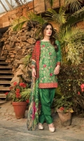 Unstitched Three Piece, Shirt Fabric:Embroidered Lawn  Includes:  Full Embroidered Lawn Front Embroidered Lawn Back Embroidered Lawn Sleeves Digital Printed Chiffon Dupatta Dyed Cotton Trouser