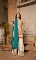 Front : Embroidered Chiffon Hand Embellished (0.8 M) Back: Embroidered Chiffon (0.8 M) Sleeves: Embroidered &Hand Embellished Chiffon (0.66 M) Dupatta: Embroidered Chiffon (2.5 M) Trouser: Raw silk...
