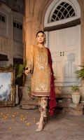 Front: Embroidered Chiffon Hand Embellished (0.8 M) Back: Embroidered Chiffon (0.8 M) Sleeves: Embroidered Chiffon (0.66 M) Dupatta: Embroidered Chiffon (2.5 M) Trouser: Raw silk (2.5 Y) Front...