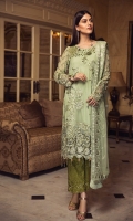 EMBROIDERED CHIFFON FRONT WITH HANDMADE WORK EMBROIDERED CHIFFON BACK EMBROIDERED CHIFFON SLEEVES WITH HANDMADE WORK EMBROIDERED GHERA LACE EMBROIDERED SLEEVES LACE EMBROIDERED CHIFFON DUPATTA EMBROIDERED GRIP SILK TROUSER