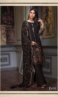 JET BLACK ALL OVER EMBROIDERED LUXURY CHIFFON ENSEMBLE PAIRED WITH DYED TROUSERS SHEER EMBROIDERED DUPATTA