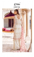 Adda-worked, embroidered & sequined net front Embroidered & sequined net side panel Embroidered & sequined net sleeves Embroidered & sequined net back Embroidered & sequined net border for shirt front Embroidered & sequined net dupatta Embroidered & sequined net dupatta pallu Embroidered & sequined silk border for dupatta pallu Dyed raw silk trouser Dyed inner shirt lining