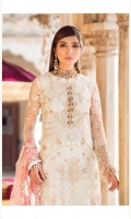 Adda-worked, embroidered & sequined net front Embroidered & sequined net side panel Embroidered & sequined net sleeves Embroidered & sequined net back Embroidered & sequined net border for shirt front Embroidered & sequined net dupatta Embroidered & sequined net dupatta pallu Embroidered & sequined silk border for dupatta pallu Dyed raw silk trouser Dyed inner shirt lining